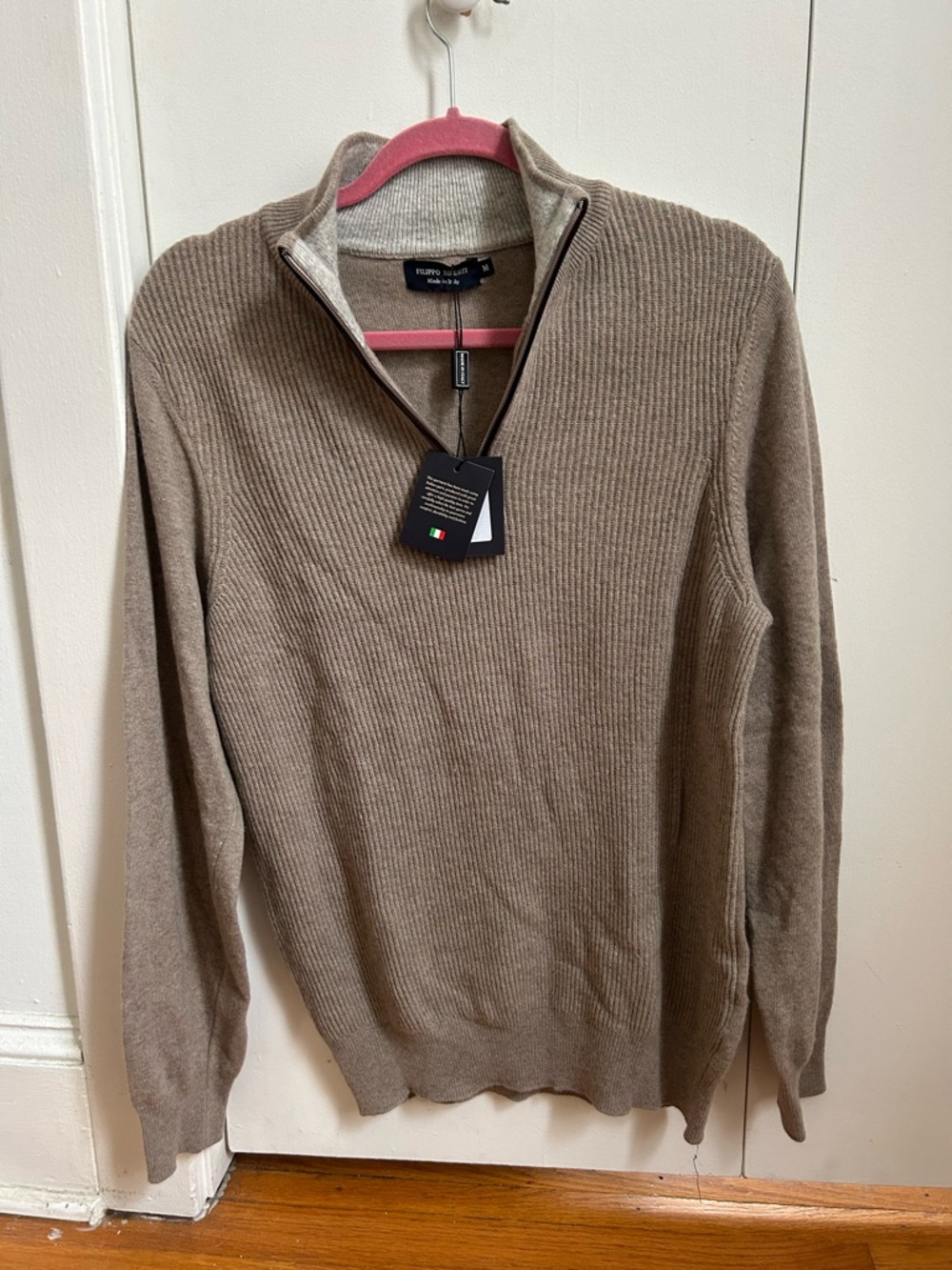 Men's Wool Ribbed Quarter-Zip Sweater in Taupe
